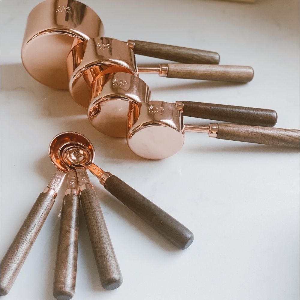Copper rose gold measuring cups spoons wood handle